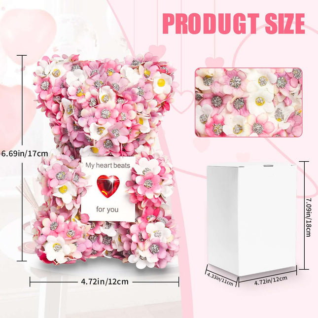 Product size chart for artificial rose bear, showing dimensions and design details in pink flowers and heart.