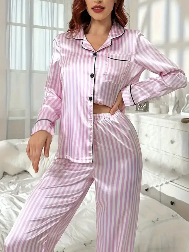 Autumn Winter Striped Satin Pajama Set Women button up top detail