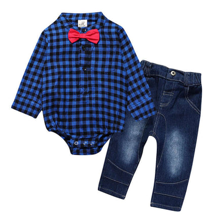 Boy Gentleman Plaid One Piece Suit Pants Set featuring a blue plaid bodysuit and denim pants.