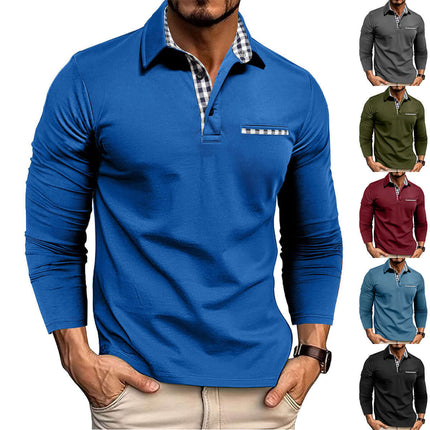 Casual Plaid Splicing Lapel Polo Shirt Fashion Long Sleeve Top showing the 111cm bust for size M.