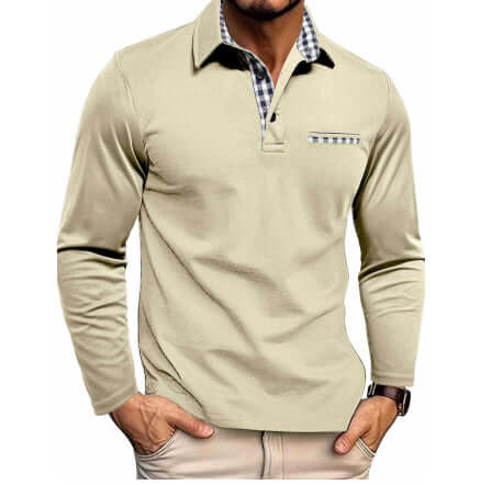 Casual Plaid Splicing Lapel Polo Shirt Fashion Long Sleeve Top with 47cm shoulder width in size M