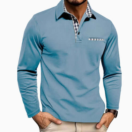Casual Plaid Splicing Lapel Polo Shirt Fashion Long Sleeve Top available in army green and wine red