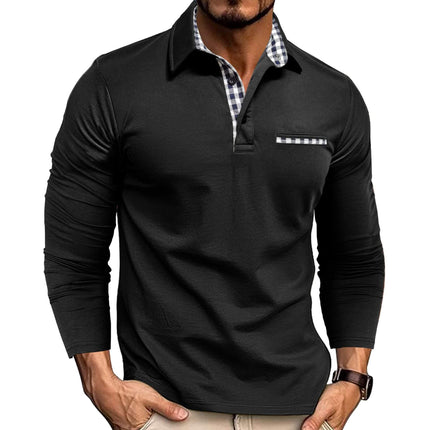 Casual Plaid Splicing Lapel Polo Shirt Fashion Long Sleeve Top highlighting the 72cm length for M size