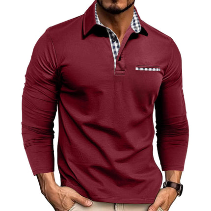 Casual Plaid Splicing Lapel Polo Shirt Fashion Long Sleeve Top showing size L with 45.67 inch bust