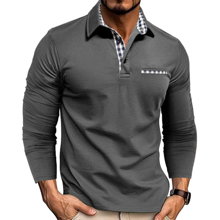 Casual Plaid Splicing Lapel Polo Shirt Fashion Long Sleeve Top shoulder measurement of 49cm for size L