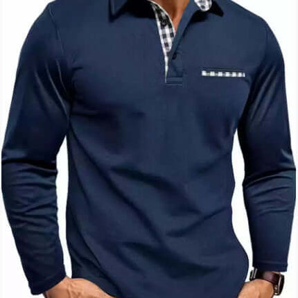 Casual Plaid Splicing Lapel Polo Shirt Fashion Long Sleeve Top sleeve length of 63cm for large size