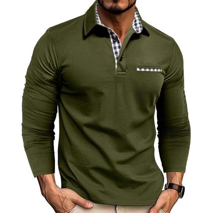 Casual Plaid Splicing Lapel Polo Shirt Fashion Long Sleeve Top with 121cm bust in size XL
