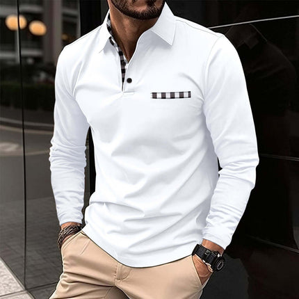 Casual Plaid Splicing Lapel Polo Shirt Fashion Long Sleeve Top XL size 51cm shoulder detail