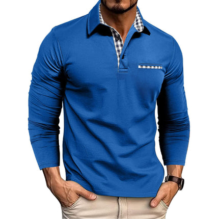 Casual Plaid Splicing Lapel Polo Shirt Fashion Long Sleeve Top showing the 76cm length for size XL