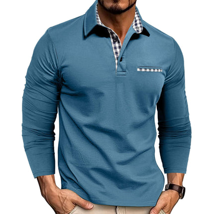 Casual Plaid Splicing Lapel Polo Shirt Fashion Long Sleeve Top XXL size with 128cm bust measurement