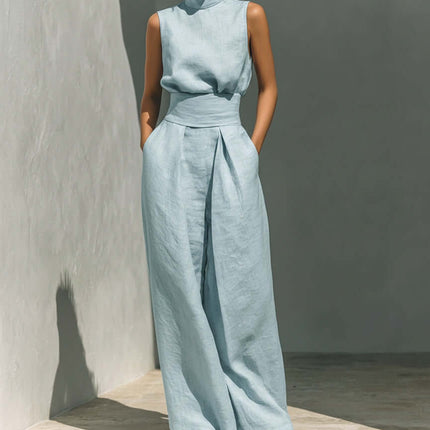 Casual Sleeveless Suit Summer Pullover Top Pants Set in light blue with wide-leg pants and sleeveless top.