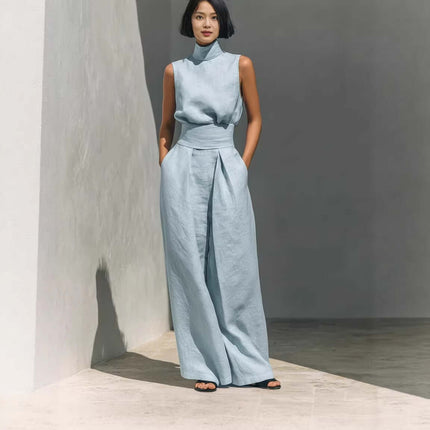 Casual Sleeveless Suit Summer Pullover Top Pants Set in light blue, featuring a sleek design and wide-leg pants.