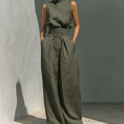 Casual Sleeveless Suit Summer Pullover Top Pants Set in olive green, featuring wide-leg pants and a stylish sleeveless top.