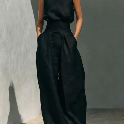Casual Sleeveless Suit Summer Pullover Top Pants Set displayed in a stylish black fabric, perfect for warm weather.