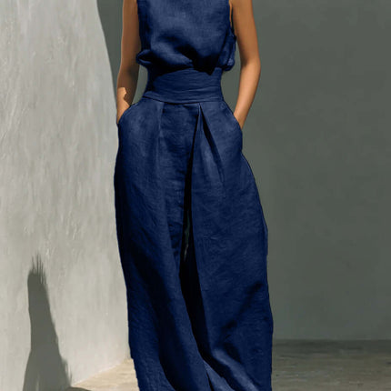 Casual Sleeveless Suit Summer Pullover Top Pants Set in navy color, featuring a stylish top and wide-leg pants.