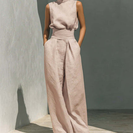 Casual Sleeveless Suit Summer Pullover Top Pants Set worn by a model in a light pink color.