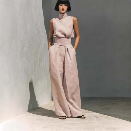 Casual Sleeveless Suit Summer Pullover Top Pants Set displayed on a model in a stylish pose.