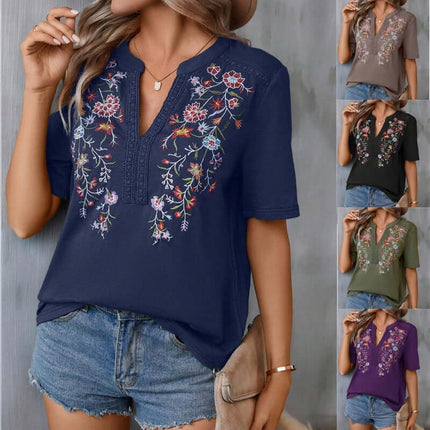 Fashion Flowers Embroidery Lace-collared Blouse displayed in various colors with floral embroidery on a casual outfit.