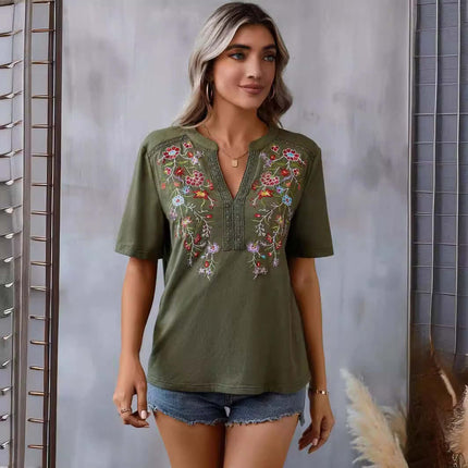Fashion Flowers Embroidery Lace-collared Blouse worn by a model, featuring floral embroidery on an olive green top.