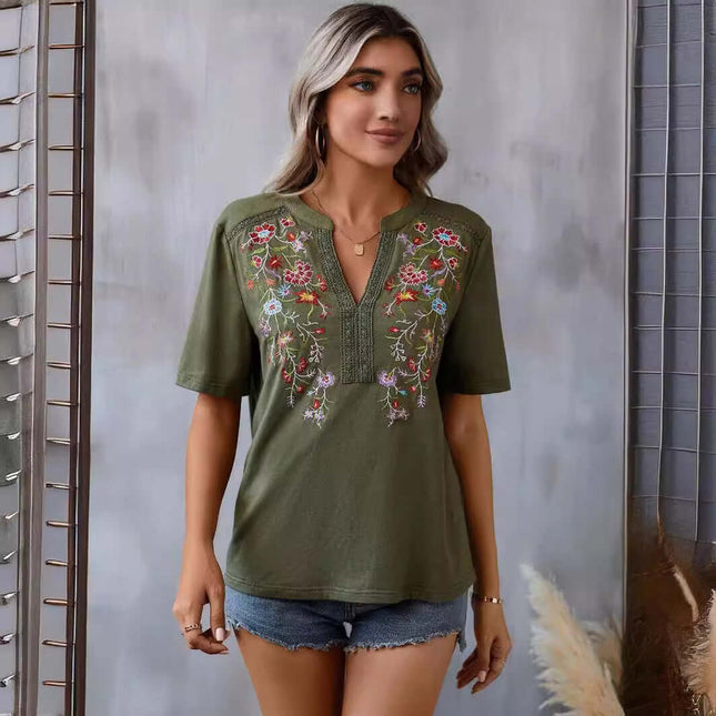 Fashion Flowers Embroidery Lace-collared Blouse worn by a model, featuring floral embroidery on an olive green top.