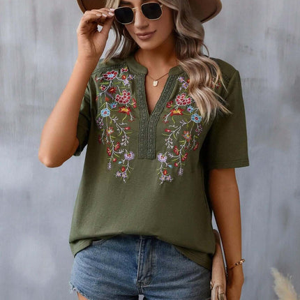 Fashion Flowers Embroidery Lace-collared Blouse worn by a model with sunglasses and a hat, styled with denim shorts.