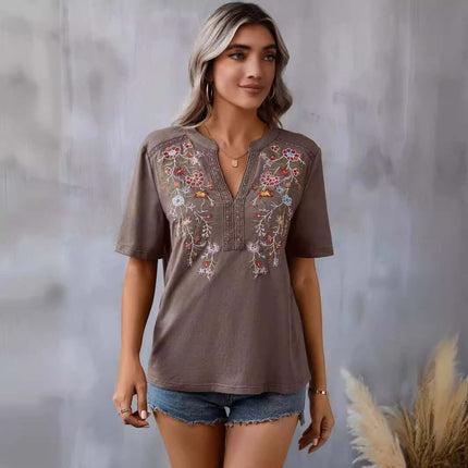 Fashion Flowers Embroidery Lace-collared Blouse displayed by a model wearing a floral embroidered top with a relaxed fit.