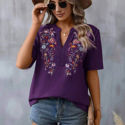 Fashion Flowers Embroidery Lace-collared Blouse displayed on a model wearing sunglasses and a hat.
