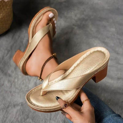 Fashion Summer Flip-Flops Square-Heeled Sandals Champagne luxury PU