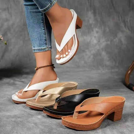 Fashion Summer Flip-Flops Square-Heeled Sandals solid color summer footwear