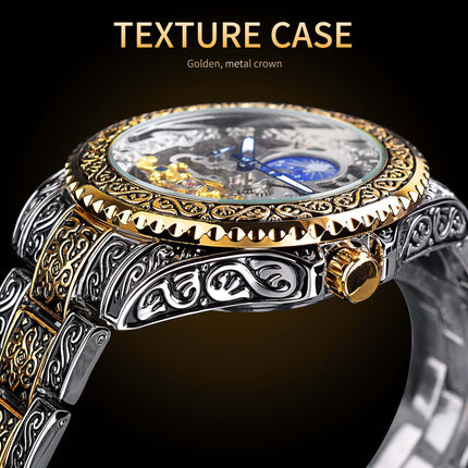 Forsining Skeleton Carved Tourbillon Mens Watch 44mm case diameter.