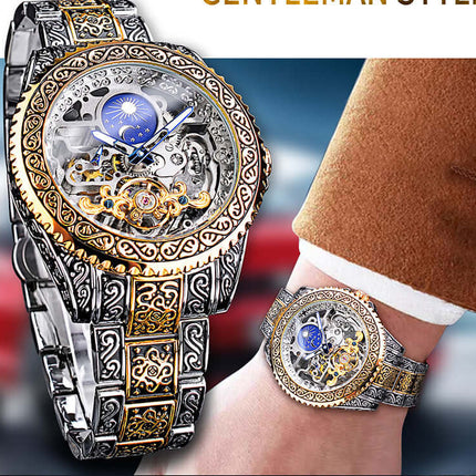 Forsining Skeleton Carved Tourbillon Mens Watch stainless steel band.