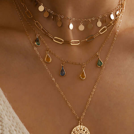 ​Geometric Disc Tassel Layered Necklace full view on white background