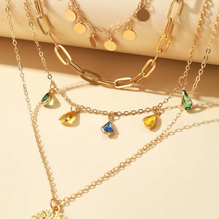 Geometric Disc Tassel Layered Necklace 4-tier design close up