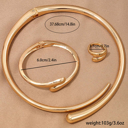 Heavy Metal Geometric Jewelry Set worn by a model in black dress