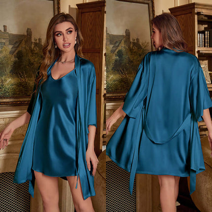 Ice Silk Pajamas For Women Summer Robe Two-piece Set half sleeve robe.