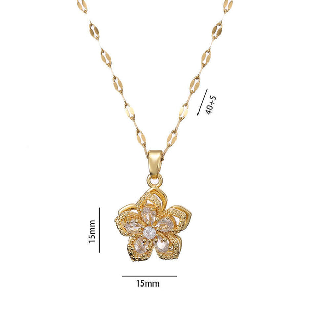 Ins Rhinestones Flowers Unique Rotatable Necklace Pendant with a gold flower design measuring 15mm.
