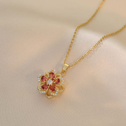 Ins Rhinestones Flowers unique rotatable necklace pendant with gold chain and red floral design
