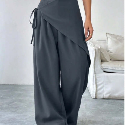 Irregular Design Trousers Casual Wide-leg Pants in gray with wrap design and tie detail, stylish and comfortable fit.