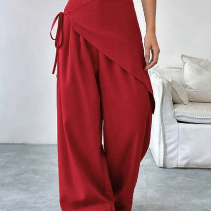 Irregular Design Trousers Casual Wide-leg Pants in red with a stylish wrap design