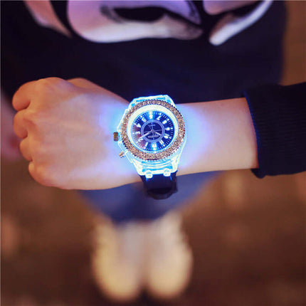 LED Luminous Watches Geneva Women Quartz Watch pink silicone strap.