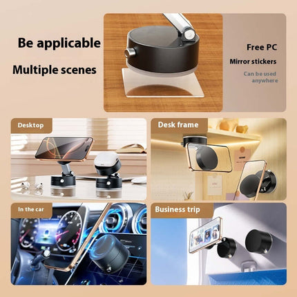 Magnetic Vacuum Suction Foldable Car Phone Holder displayed in various scenarios: desktop, desk frame, car, and business trip.