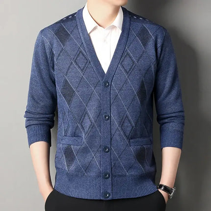 Men Casual V Neck Knit Cardigan Button Jacket back view