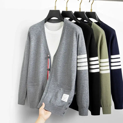 Men Knitted Stripe Cardigan Korean Style Autumn Winter back view