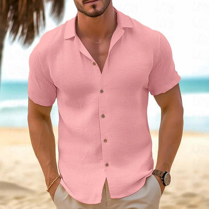 Men Short-Sleeved Button-Down Summer Shirt in pink on a beach setting.