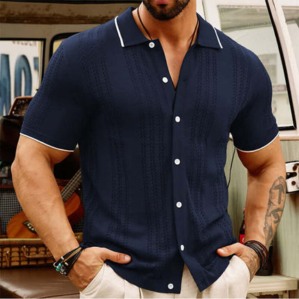 Men Summer Button Lapel Short Sleeve Polo Shirt elegant corporate dark blue edition worn smoothly inside a bright boardroom
