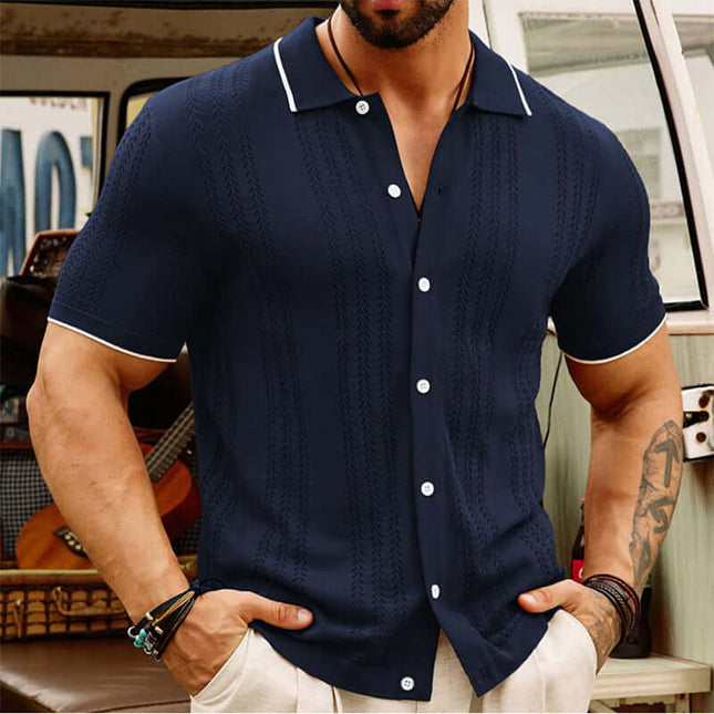 Men Summer Button Lapel Short Sleeve Polo Shirt elegant corporate dark blue edition worn smoothly inside a bright boardroom