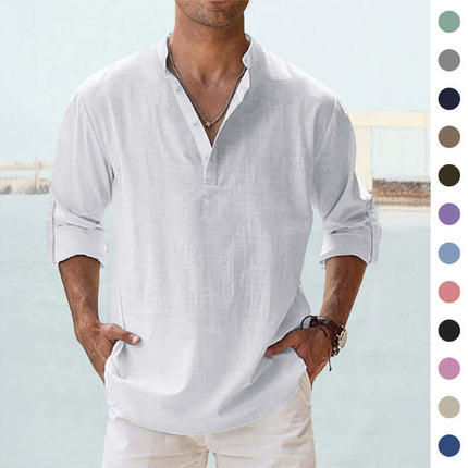 Mens Casual Long Sleeve Cotton Linen Stand Collar Shirt army green front view