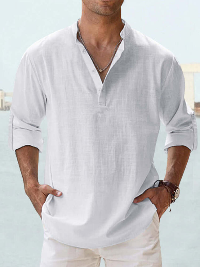 Mens Casual Long Sleeve Cotton Linen Stand Collar Shirt navy blue commuting style