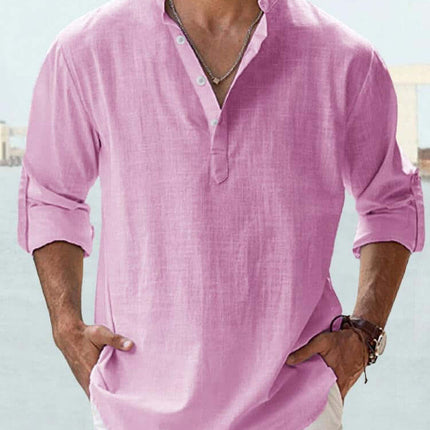 Mens Casual Long Sleeve Cotton Linen Stand Collar Shirt royal blue stylish clothing