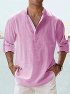 Mens Casual Long Sleeve Cotton Linen Stand Collar Shirt royal blue stylish clothing